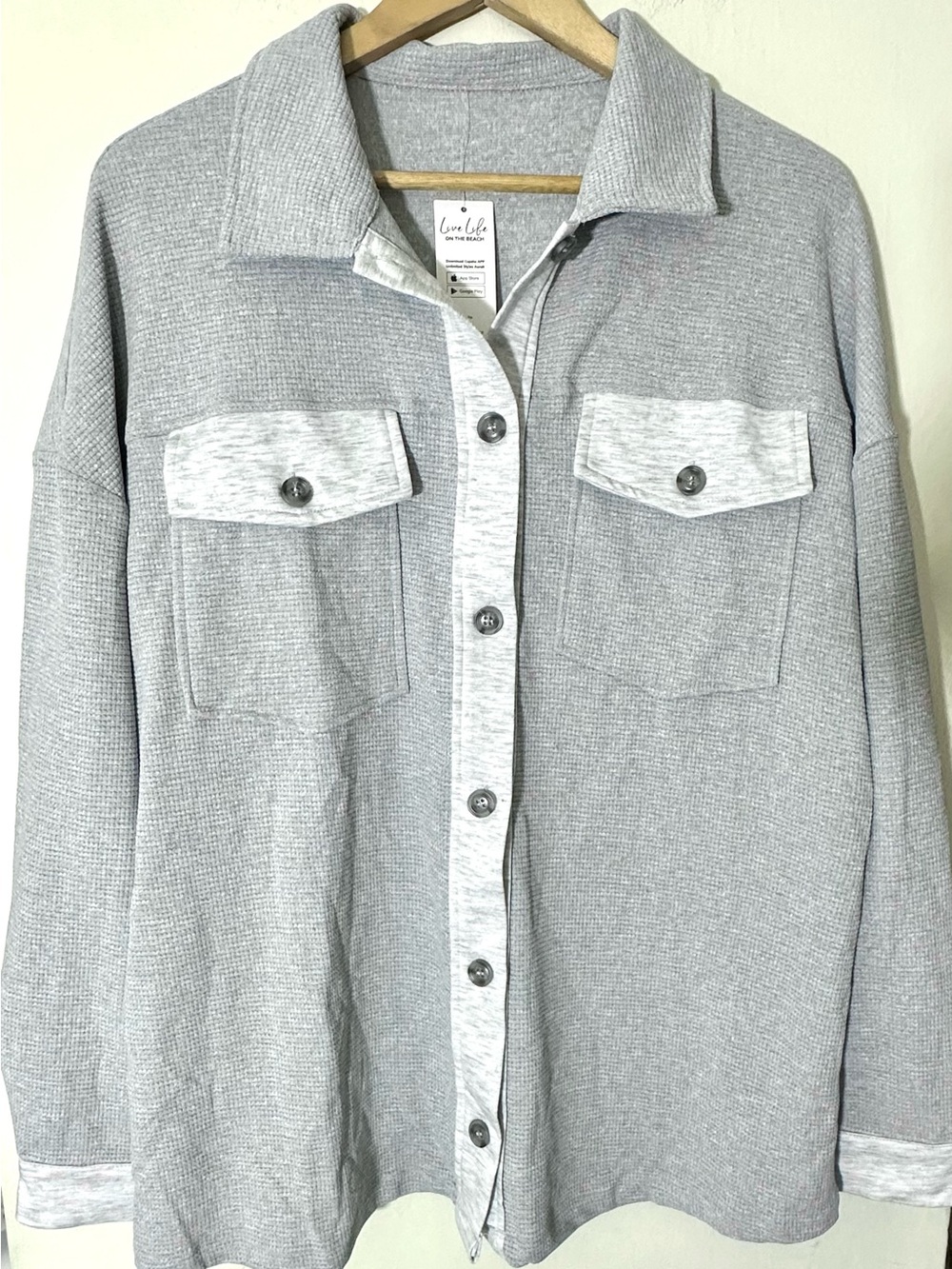CUPSHE Light Collared Gray Button-Up Shacket Jacket WomenS Sz Large Waffle Textu - Picture 3 of 9